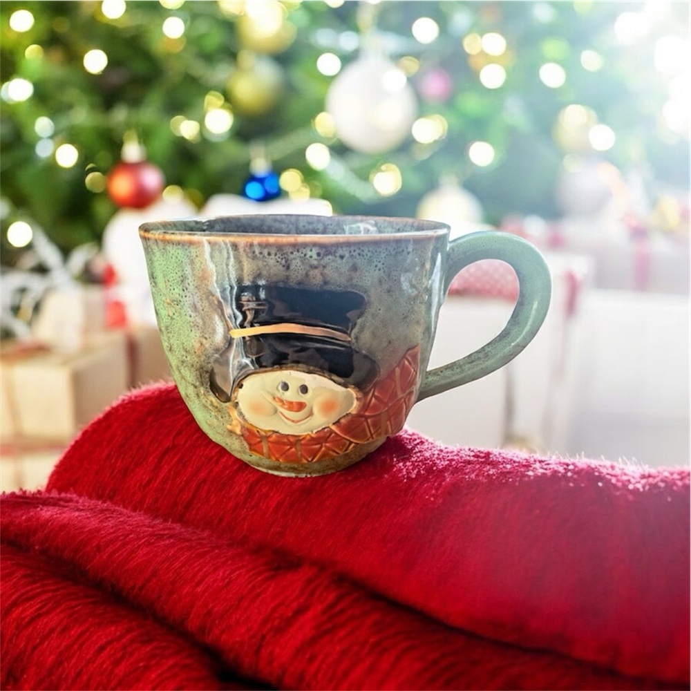 Christmas Snowman Burton Winter Porcelain Soup/Coffee Mug Woodland  Green  30oz